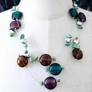 Jewel Tone Glass Beaded Triple Strand Tiered Floating Wire Necklace